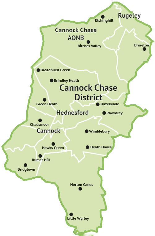Ward map of Cannock Chase District showing wards effective from 2nd May 2024