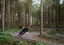 Man on mountain bike riding a trail Man on mountain bike riding a trail