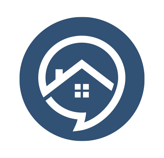 A blue logo with a house inside a speech bubble