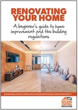 A leaflet with the words 'Renovating your home. A beginners guide to home improvement and the building regulations' at the top. It shows a room transitioning from empty to fully decorated and furnished beneath the text.